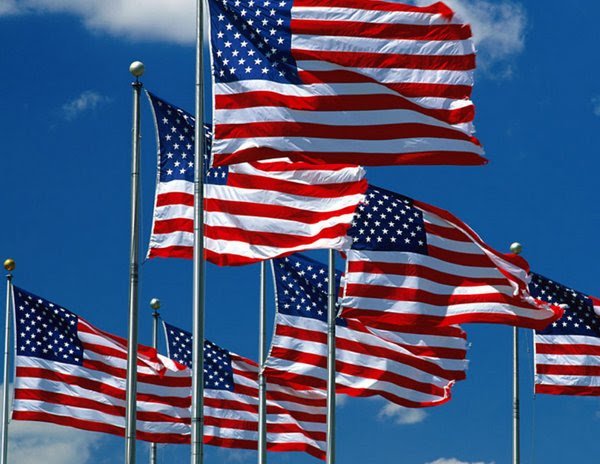 American flags waving in breeze