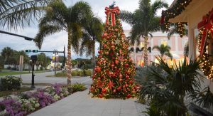 Christmas tree and palm trees decorated